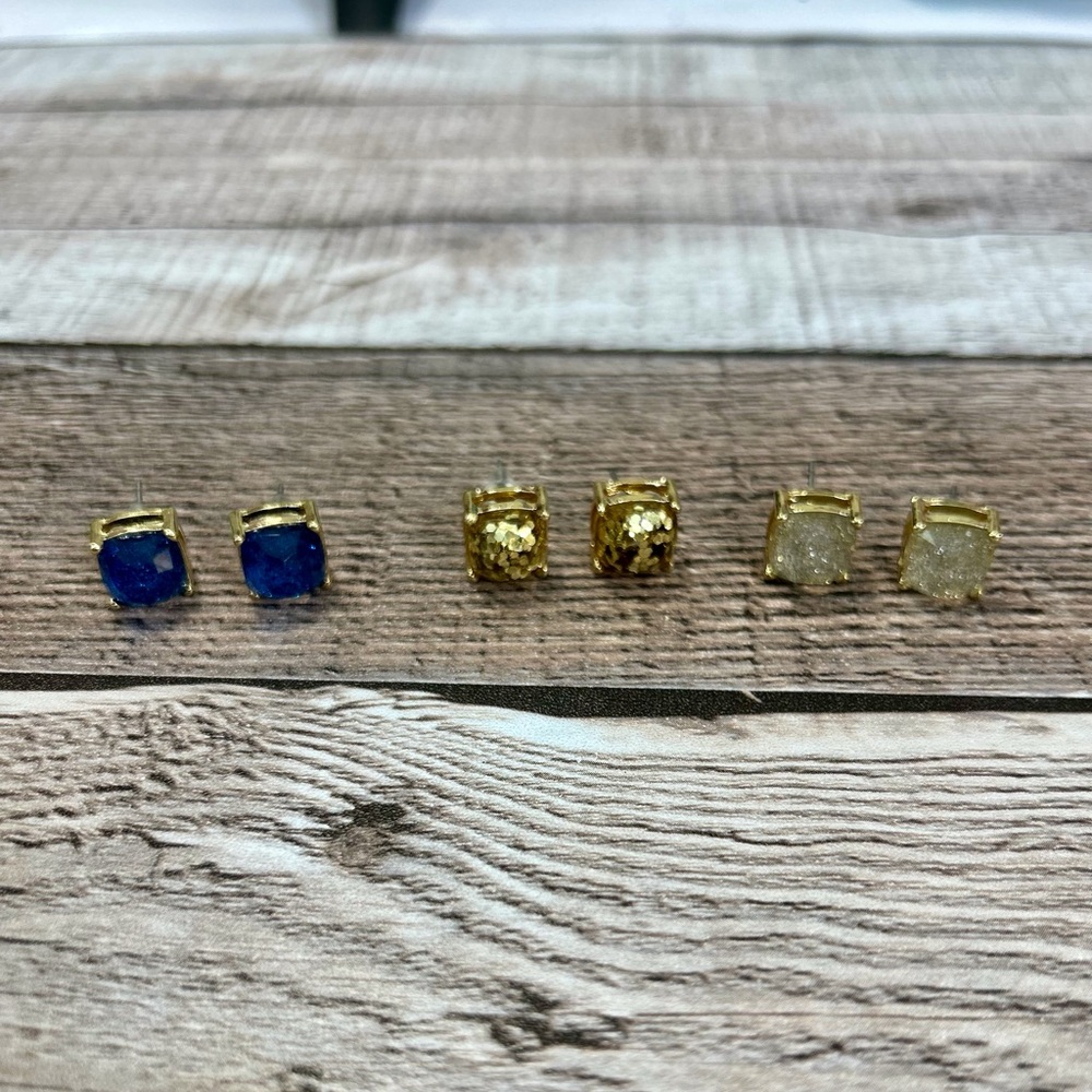 Trio of Glittery & Shimmery Square Stud Earrings with Gold Tone Posts.